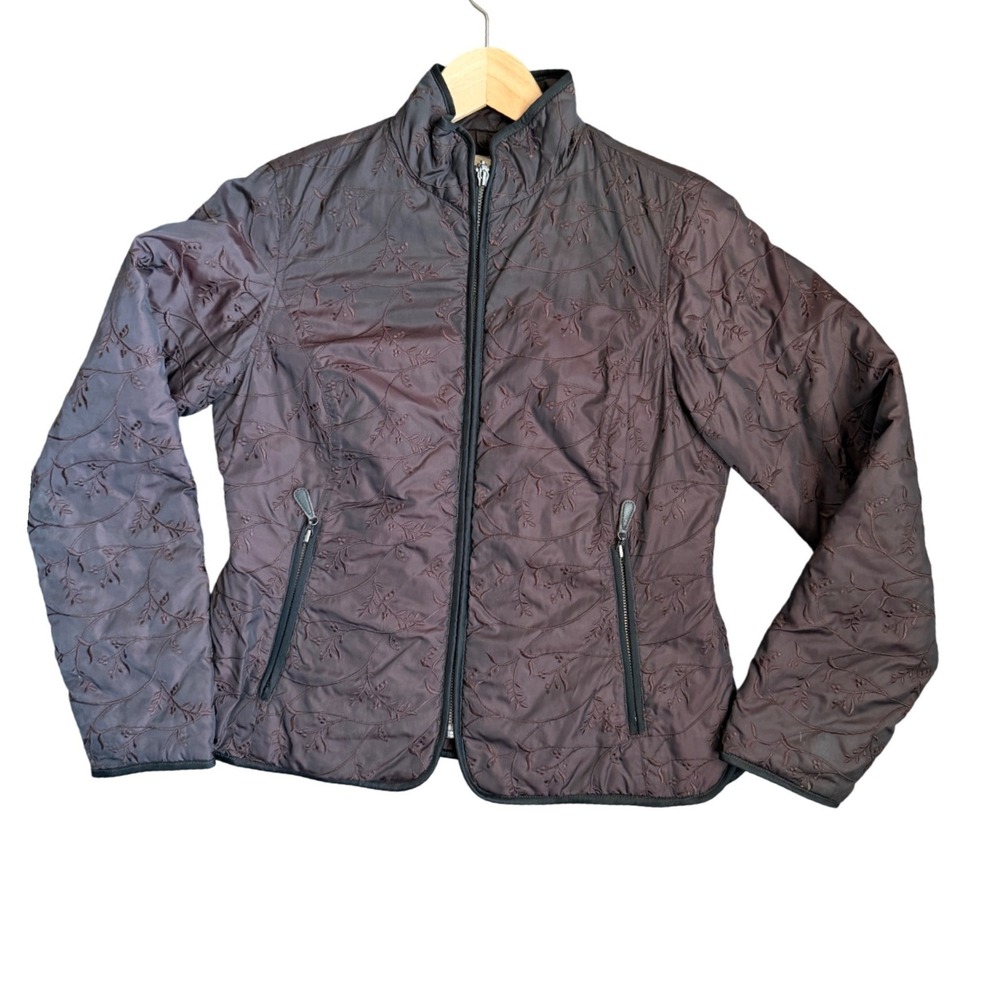 Eddie Bauer Puffer Jacket Womens Petite S Brown 650 Down Floral Embroidered Zip